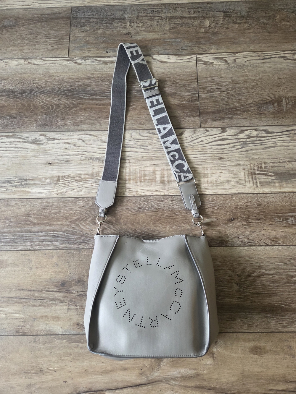 Stella McCartney Light Gray Perforated Logo Shoulder Bag with Branded Strap
